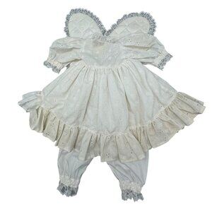 Vintage White Eyelet Lace Girls Dress wings Ruffled Hem & Bloomers 3 Pieces READ